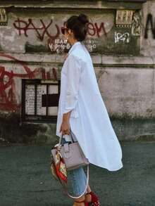 Women's Elegant Semi-Sheer Long Woven Shirt With Collar And Asymmetric Hem Spring White - White - View 2