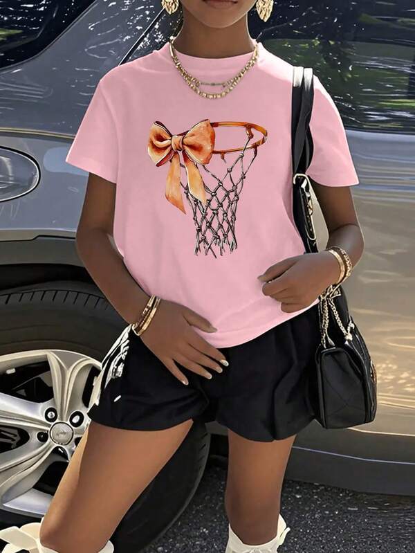 1pc Girls Colorful Bow & Basketball Graphic T-Shirt, Children Clothing, Oversized Tee For Tween Girl Summer, Teens