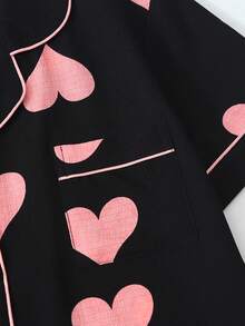 Cute Women's 2 Piece Pajama Set With Heart Print Design, Stylish And Comfortable Sleepwear For Casual And Daily Wear - màu đen - Xem 4