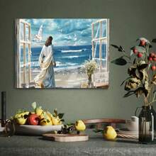 [Inspirational Beach Art] 1pc Wooden Framed/Unframed Fake Window Beach Canvas Wall Painting, Inspirational Beach Wall Decor, God Walk With Me Beach Wall Sticker, Farmhouse Coast Floral Wall Painting, Ocean Seagull Theme, 2D Flat Print Poster