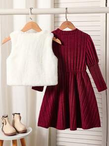 2pcs/Set Girls Long Sleeve Plush Lantern Sleeve Dress & Fluffy Vest Cardigan Set, Bowknot, Suitable For Spring, Autumn, Winter, Party, Christmas, Outdoor Daily Wear