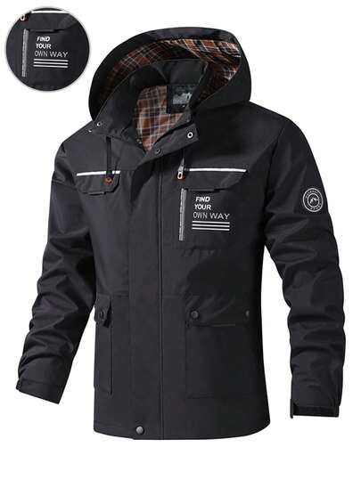 Men's Slogan Graphic Pocket Hooded Casual Sports Jacket