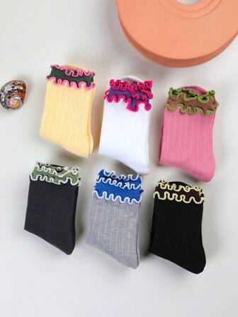 1 Pair Retro Girl Dopamine Color Socks, Double-Layer Ruffle Contrast Color Mid-Calf Socks, Fashionable & Versatile