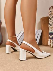 尖头纯色高跟凉鞋，粗跟蝴蝶结中跟百搭玛丽珍鞋，春夏新品 - 白色 - 查看 5