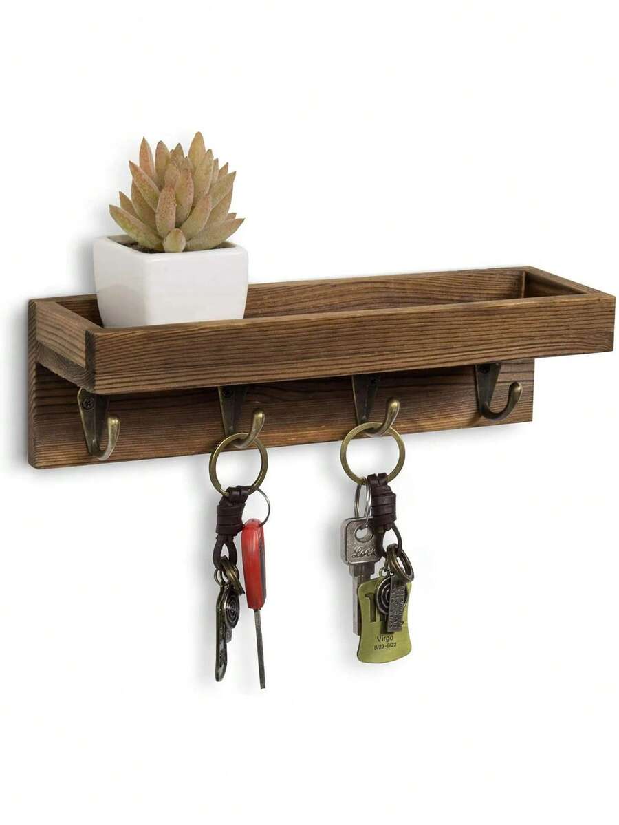 Key Holder For Wall, Wall Mounted Rustic Wood Floating Shelf Mail Organizer With 4 Metal Hooks, Farmhouse Wall Shelf Decor Key Rack Hanger For Entryway, Hallway, Bedroom, Office - 1 Pack - View 1