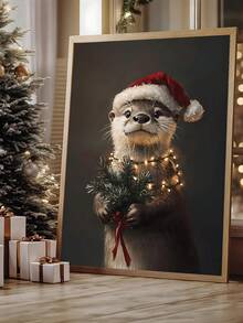 1pc Highland Cow Christmas Art Print Santa Hat Holiday Wall Art Rustic Farmhouse Decor Dark Academia Wall Art, Vintage Otter Christmas Wall Art Santa Hat Dark Academia Rustic Holiday Animal Decor, Christmas Wall Art, Bedroom Decor, Living Room Decor Home Decor Christmas Decorations - Multicolor - View 6
