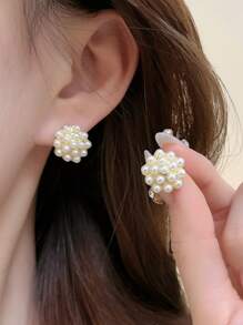 1 set cercei stud curbați cu perle artificiale, model retro floral francez la modă, set de cercei pătrați geometrici minimalisti, potriviți pentru femei, purtați zilnic și de festival
