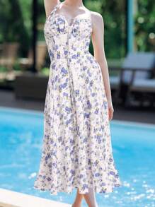 Blue And White Floral Dress Floral Dress Sundress , White Corset Dress, Floral Printed Corset Dresses Ruched Bust Cami Dress Flowy Sundress, Spaghetti Strap Dresses For Women Body Shaping Dress, Women'S Novelty Corset Dresses