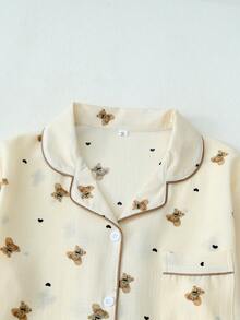 Conjunto de pijama de manga larga con estampado de corazón y oso, ropa de otoño e invierno para mujer