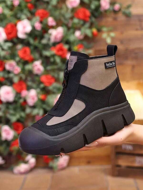 Botas de tobillo casuales con plataforma, forro térmico y cremallera frontal en bloques de color para mujer. Botas de moda para uso diario en primavera/otoño