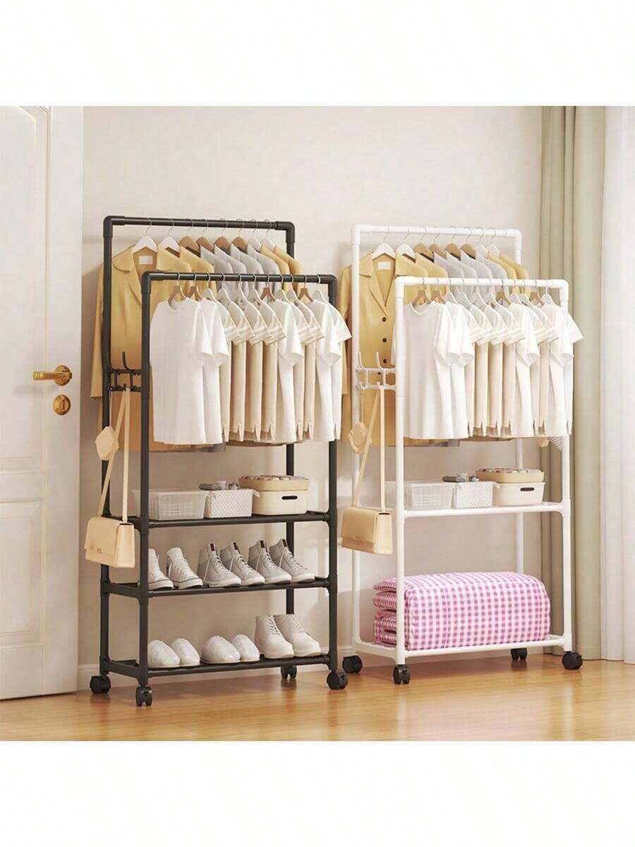 1pc Multi-Layer Adjustable Clothes Drying Rack With Multifunctional Coat Hanger & Shoe Storage Organizer, Portable Garment Stand For Bedroom Balcony Laundry Room, Heavy Duty Hanging Rack For Drying Clothes Storing Shoes Accessories Home Organization Space Saving Closet Solution