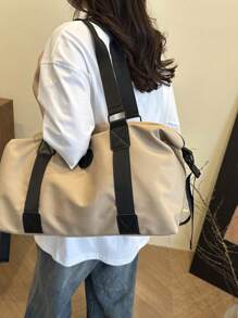 简约时尚创意健身运动旅行行李袋，大容量周末手提包 - 卡其色 - 查看 4