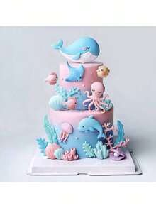 11pcs Or 1pc Marine Animal Cake Decorations, Whales, Dolphins, Porcupines, Jellyfish, Octopuses, Shells, Corals And Other Underwater Animals, Marine Theme Cake Decoration Set, Birthday Cake Baptism Cake Decoration, Soft Clay Handmade With Slight Defects(Do Not Touch The Cake; Please Use It With The Stick.) - Multicolor - View 1