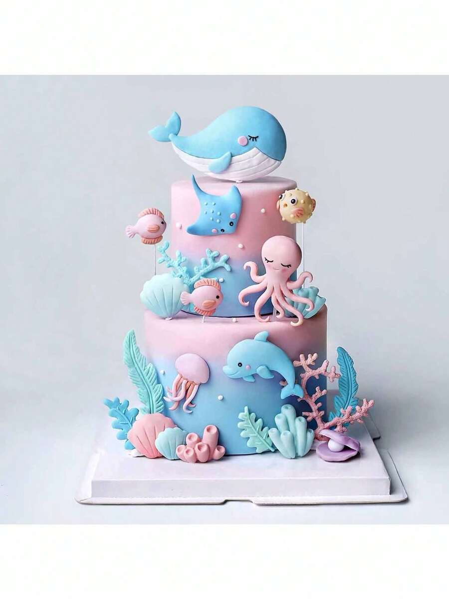 11pcs Or 1pc Marine Animal Cake Decorations, Whales, Dolphins, Porcupines, Jellyfish, Octopuses, Shells, Corals And Other Underwater Animals, Marine Theme Cake Decoration Set, Birthday Cake Baptism Cake Decoration, Soft Clay Handmade With Slight Defects(Do Not Touch The Cake; Please Use It With The Stick.) - Multicolor - View 1