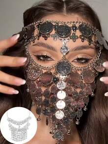 1 件优雅复古金色面纱，时尚空心硬币合金面纱带流苏，适用于化妆舞会、街头风格、夜总会、节日庆典、闪亮性感 - 銀色 - 查看 11