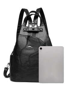 高品质真皮女士背包，大容量书包，适合少女，防盗旅行单肩包 - 黑色 - 查看 5