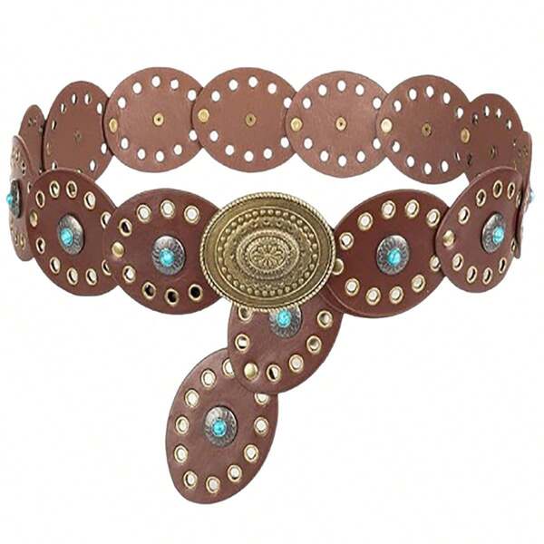 1 pieza Cinturón de cintura estilo bohemio de PU (poliuretano) con incrustación de zafiro, adecuado para primavera, verano y otoño
