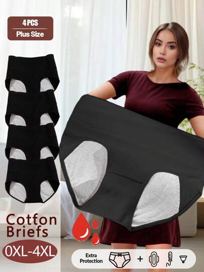 4pcs Plus Size Women's Black Period Panties, Leak-Proof Triangle Cotton Crotch Underwear, High Waist Menstrual Briefs
