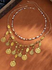 2 件复古硬币吊坠项链，异国风情串珠项链，西部牛仔风格颈链，适合女性日常、派对、节日穿着，是送给朋友和家人的绝佳礼物（附尺码表）