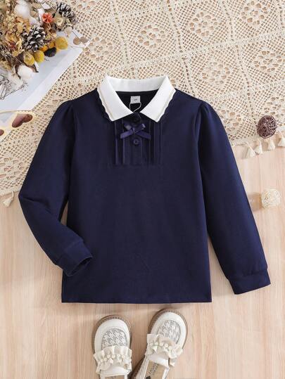 女童学院风翻领长袖T恤，秋季
