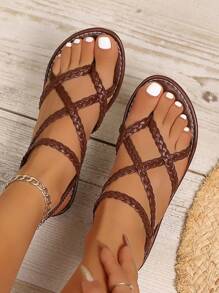 女士春夏新款方形扣饰时尚平底凉鞋，女士沙滩凉鞋