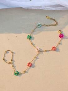 1pc Elegant Handmade Beaded Colorful Flower Design Stainless Steel Full Finger Ring Chain Bracelet For Women