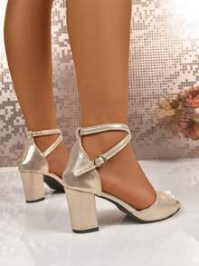 Low Heel Sandals Girl Open Toe Round Toe High Heel Chunky Heel Spring/Summer New Gorgeous Strap Buckle Woven Mid-Heel Versatile Sandals - Gold - View 7