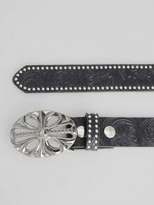 1 件经典女士压花腰带，西部牛仔腰带扣波西米亚风格腰带金属扣个性化时尚，男女通用街头时尚 Y2K 腰带，适合搭配牛仔裤，适合男士女士，是送给家人和朋友秋季、秋季、万圣节的理想礼物 - 黑色白K扣 - 查看 4