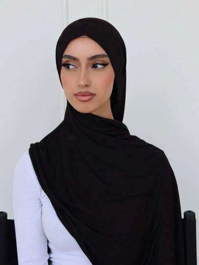 1pc Women Premium Jersey Hijabs, Minimalist Classic Solid Color Elegant Casual Edged Scarf, High-Quality Knitted Modal Jersey Hijabs Scarf, Long Turban Style Headscarf Suitable For Daily Life, Outings And Gatherings For Dress
