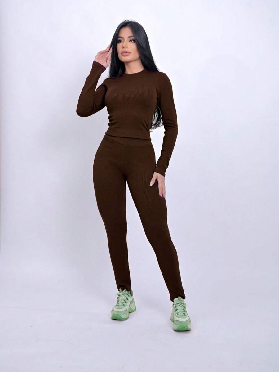 Leggings And Long Sleeve Top Set - 鏽棕色 - 查看 1