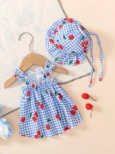 Kitten & Puppy, Classic Blue Plaid With Cherry Print Hooded Dog Dress Set