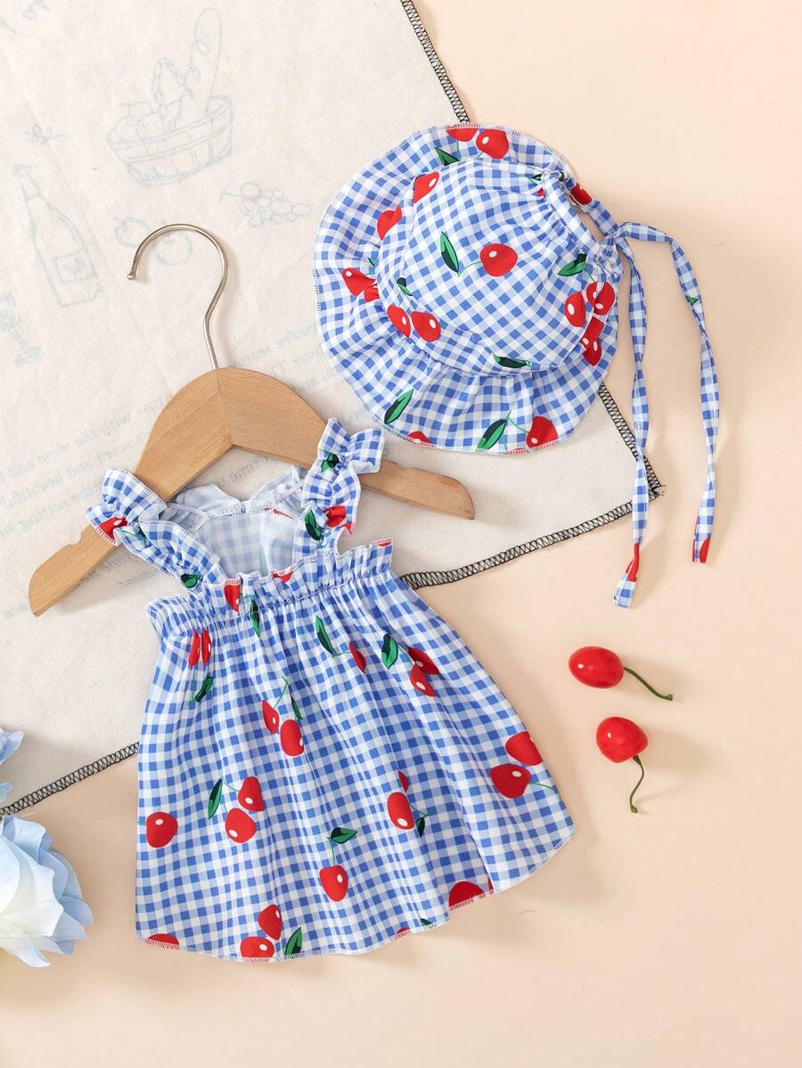 Kitten & Puppy, Classic Blue Plaid With Cherry Print Hooded Dog Dress Set - Blue - View 1