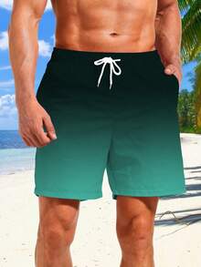 1pc Men's Beach Shorts With Drawstring & Gradient Color Prints, Summer Vacation Necessary Drawstring Casual Shorts, Hawaiian - Multicolor - View 1
