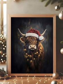 1pc Highland Cow Christmas Art Print Santa Hat Holiday Wall Art Rustic Farmhouse Decor Dark Academia Wall Art, Vintage Otter Christmas Wall Art Santa Hat Dark Academia Rustic Holiday Animal Decor, Christmas Wall Art, Bedroom Decor, Living Room Decor Home Decor Christmas Decorations - Multicolor - View 2