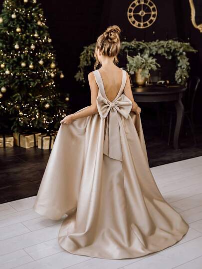 Tween Girl Bowknot Back Deep V Princess Dress, Girls Christmas Party Dress Suitable For Birthday, Wedding, Prom, Party And Other Important Occasions