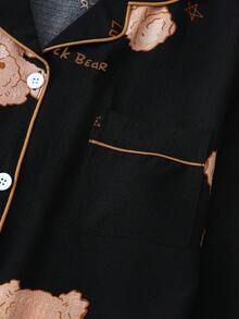 Damski komplet piżamowy z długim rękawem i nadrukiem w misie, z marszczeniami, na jesień i zimę - Czarne - Zobacz 8