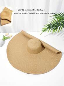 1pc Oversized Foldable Brim Summer Beach Straw Hat, Bohemian Style Sun Protection Hat For Travel & Beach - White - View 10