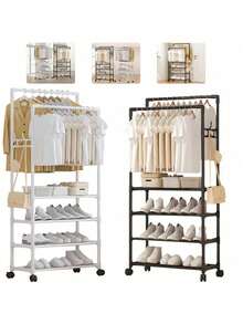 1pc Multi-Layer Adjustable Clothes Drying Rack With Multifunctional Coat Hanger & Shoe Storage Organizer, Portable Garment Stand For Bedroom Balcony Laundry Room, Heavy Duty Hanging Rack For Drying Clothes Storing Shoes Accessories Home Organization Space Saving Closet Solution - Multicolor - View 3