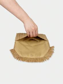 Boho-Stil Stroh gewebte Clutch Handtasche mit Patches und Fransen für Urlaub, Valentinstag