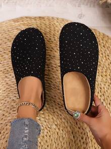 女士时尚水钻装饰穆勒拖鞋，软底平底鞋，隐形坡跟，适合休闲、通勤、派对穿着，尺码偏小 - 黑色 - 查看 6