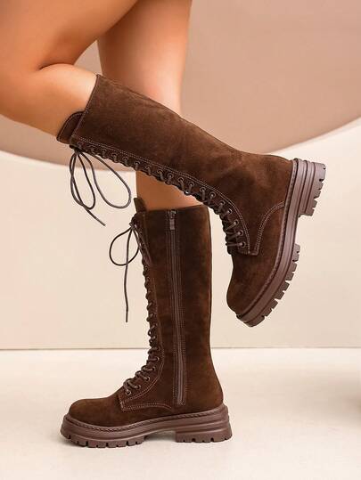 Nuovi stivali casual da donna in stile occidentale minimalista, colore marrone, in finta pelle scamosciata, fodera comoda, design con lacci e cerniera laterale, suola antiscivolo spessa, stile retrò, adatti per primavera e autunno, occasioni formali