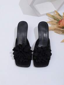 Giày cao gót hở mũi thời trang và thanh lịch dành cho nữ, màu đen, trắng, họa tiết hoa, ren, dép lê gót nhọn, hàng mới về mùa xuân/hè, thích hợp cho đám cưới ngoài trời, tiệc tùng, ở nhà, dép đi trong nhà gợi cảm. - màu đen - Xem 5