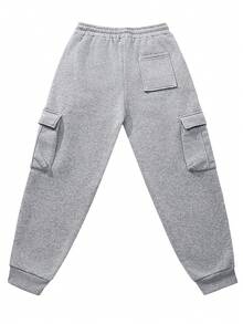 MAISONFOX Men's Loose Flap Pocket Side Drawstring Elastic Waist Long Cargo Pants, Solid Color Light Gray Casual Pants, Suitable For Outdoor, Commuting, Office, Winter Work Wear Thickened Faux Lamb Wool Lining Drawstring Waist Casual Pants, Warm And Comfortable For Leisure And Home Wear - Light Grey - View 3