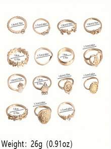15/16/30件复古风格人像硬币、十字架、心形、猫头鹰设计戒指套装。适合夏季、海滩、派对、婚礼、日常佩戴、节日、情人节、母亲节等场合，也是馈赠佳品。 - 金色 - 查看 3