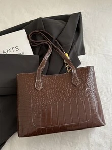 1pc Luxury Solid Color Versatile Women Shoulder Handbag - Coffee - View 9
