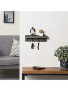 Key Holder For Wall, Wall Mounted Rustic Wood Floating Shelf Mail Organizer With 4 Metal Hooks, Farmhouse Wall Shelf Decor Key Rack Hanger For Entryway, Hallway, Bedroom, Office - 1 Pack - View 9