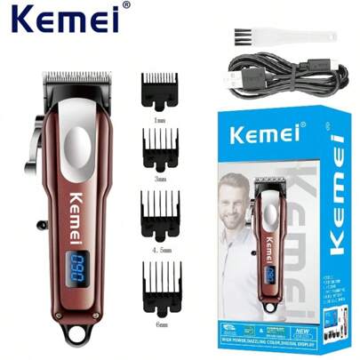 Kemei Cortapelos inalámbrico KM-233 para hombres profesionales, recargables, cortapelos/barba para hombres con pantalla LCD, cuchilla tipo R, limpiador de cabezal, afeitadora eléctrica para barba, regalo para hombres, USB tipo C