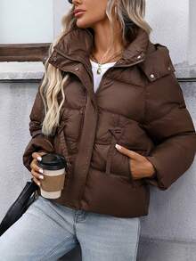 Damen verdickte kurze Kapuzen-Reißverschluss-Daunenjacke, warmer Outdoor-Mantel für den Winter - Kaffeebraun - Übersicht 7