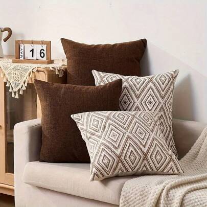 4pcs Bohemian Geometric Throw Pillow Covers With Zipper - Machine Washable, Double-Sided Print In Brown, Black, Beige & White - Perfect For Living Room Sofa & Bedroom Decor (Pillow Inserts Not Included), Decorative Pillows