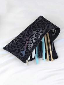 Minimalist Fashion Makeup Organizer, 3 Pieces Set Black Breathable Leopard Print Cosmetic Bag, Convenient Dual Handle Toiletry Bag, Beach Bag, Suitable For Travel, Daily Use, And Gift Giving - Black - View 7